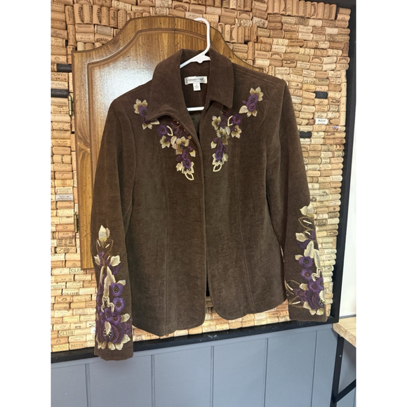 Coldwater Creek Brown Floral Embroidered Embellished Velour Jacket Size 10 - Picture 1 of 8